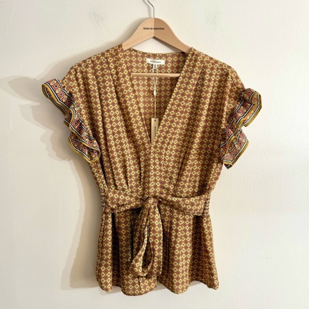 NWT Max Studio Women MUSCLUDG 9701D38 mustard Yellow Peplum Smocked Tie Waist S